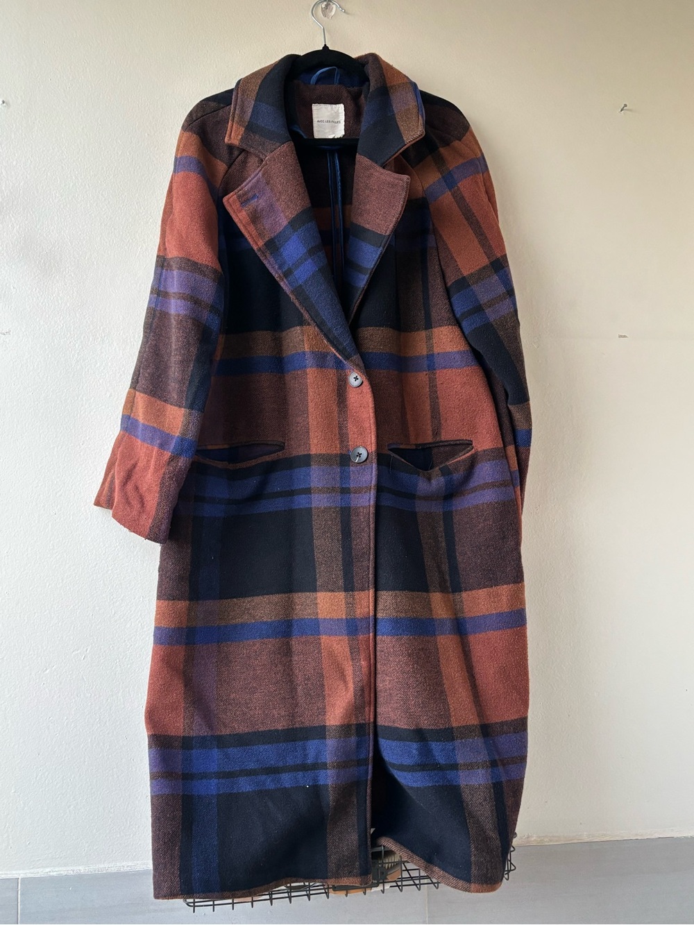 Avec Les Filles Rust, Navy & Brown Plaid Long Trench Coat